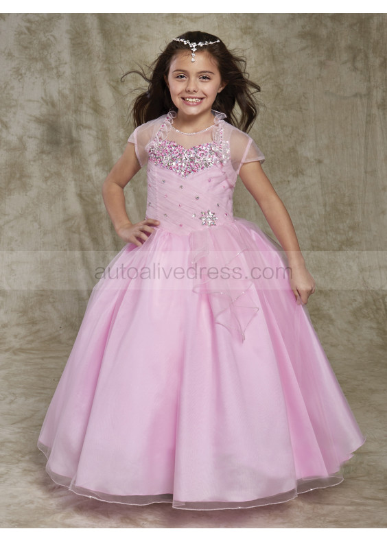 Beaded Pink Tulle Flower Girl Dress With Bolero